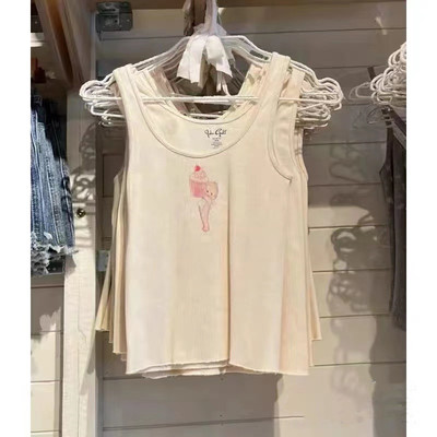 美式吊带复古印花蕾丝背心T恤女