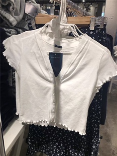 Brandy Girl美式复古花边v领修身短袖T恤bm短款修身开衫性感上衣