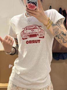 BrandyGirl美式复古浅灰色圆领红汽车印花bm短袖T恤女修身上衣潮