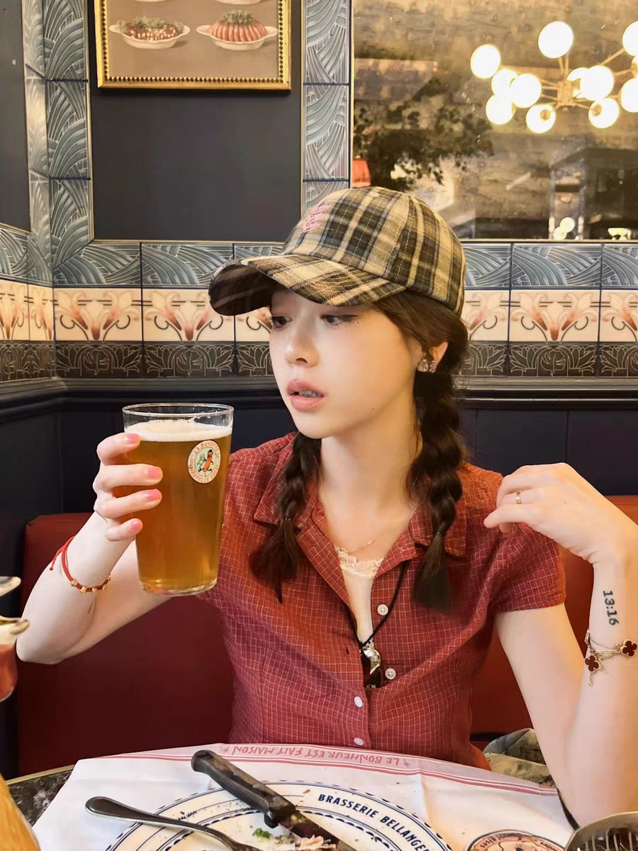 BrandyGirl新款美式复古格子翻领bm短袖衬衫女修身显瘦单排扣上衣