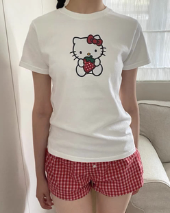 BrandyGirl新款 显瘦纯棉上衣 HelloKitty猫咪印花bm短袖 t恤女修身
