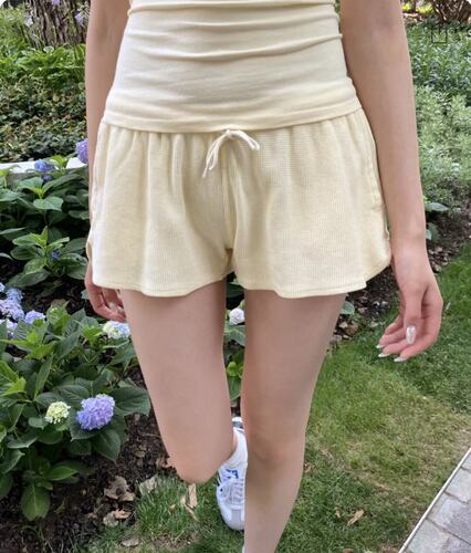 BrandyGirl美式复古纯色华夫格抽绳bm短裤女高腰显瘦阔腿裤热裤潮