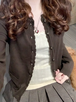 BrandyGirl美式复古花边圆领bm针织衫女修身显瘦上衣开衫毛衣外套