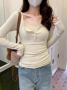 BrabdyGirl蕾丝花边四粒扣长袖T恤假两件bm碎花打底衫女修身上衣