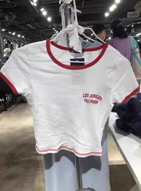 Brandy Girl美式撞色LosAngeles字母刺绣bm短袖T恤修身显瘦上衣女
