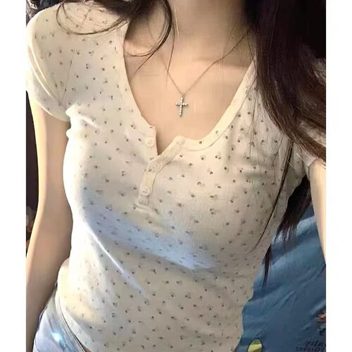 美式碎花三粒扣bm短袖修身T恤女