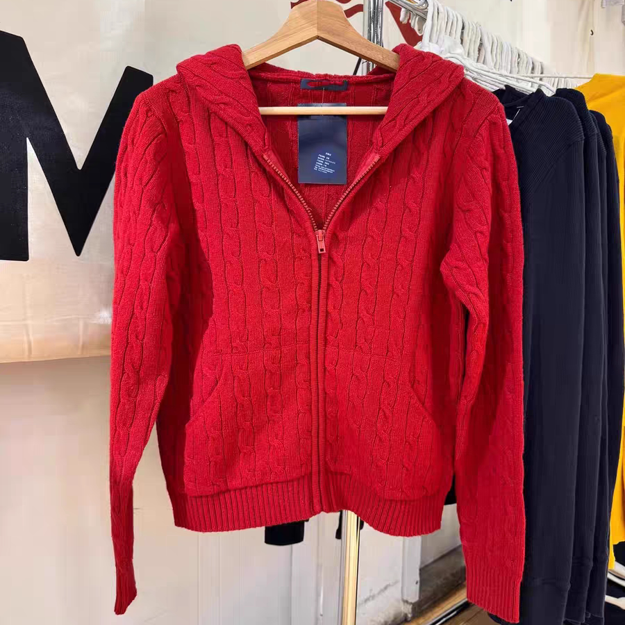 BrandyGirl红色复古连帽拉链麻花bm针织衫女开衫百搭显瘦毛衣外套