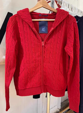 BrandyGirl红色复古连帽拉链麻花bm针织衫女开衫百搭显瘦毛衣外套