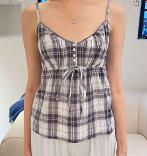 BrandyGirl美式 复古V领系带格子bm吊带背心女休闲显瘦上衣打底衫
