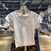 Brandy Girl美式复古zelly top镂空三粒扣修身短袖T恤女bm风上衣