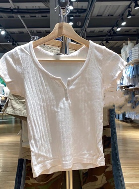 Brandy Girl美式复古zelly top镂空三粒扣修身短袖T恤女bm风上衣