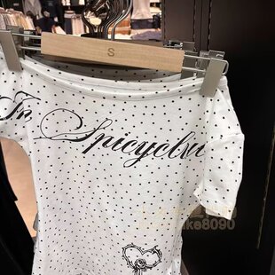 BrandyGirl美式复古辣妹风WM波点印花斜肩短袖T恤女修身显瘦上衣