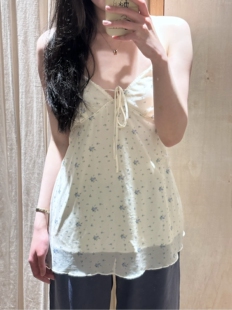 BrandyGirl新款绝美蓝碎花v领系bm带吊带连衣裙女修身雪纺吊带裙