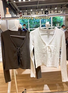 Brandy Girl学院风v领螺纹胸口系带开衫针织bm长袖显瘦纯色外套女