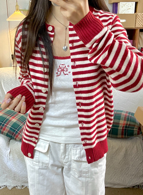 BrandyGirl美式复古红色条纹bm针织衫女单排扣开衫毛衣修身外套潮