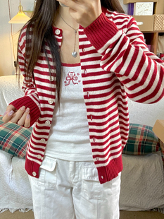 BrandyGirl美式复古红色条纹bm针织衫女单排扣开衫毛衣修身外套潮