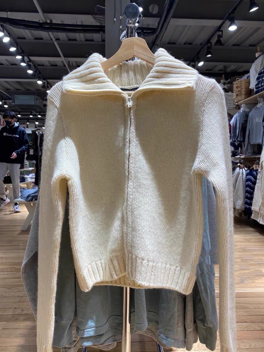 美式复古针织拉链开衫翻领