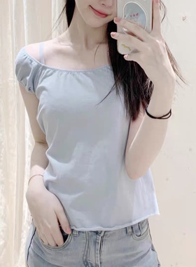 Brandy Girl欧美风修身木耳边圆领T恤bm短袖系带收腰纯棉显瘦上衣