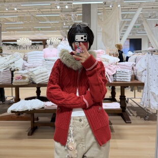 BrandyGirl新年红色麻花连帽毛领针织开衫 女拉链外套百搭上衣潮