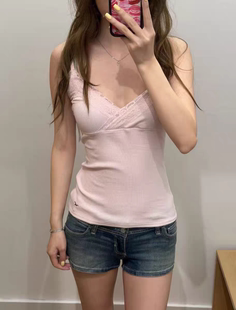BrandyGirl美式复古小海鸥条纹蕾丝V领bm吊带背心女修身显瘦上衣