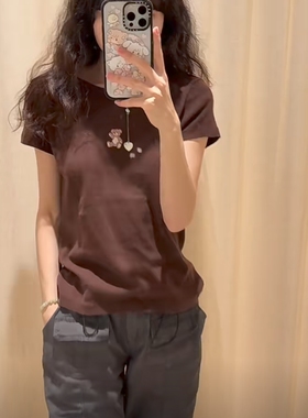 BrandyGirl新款棕色小熊刺绣纯棉T恤bm正肩短袖女修身显瘦上衣潮