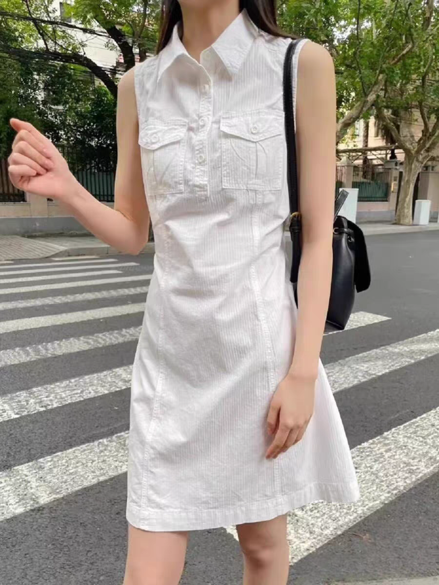 BrandyGirl新款纯棉翻领口袋工装bm连衣裙女无袖显瘦长裙A字裙子