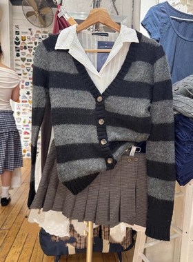 BrandyGirl美式复古马海毛bm条纹针织开衫女V领毛衣修身外套上衣