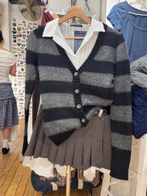 BrandyGirl美式复古马海毛bm条纹针织开衫女V领毛衣修身外套上衣