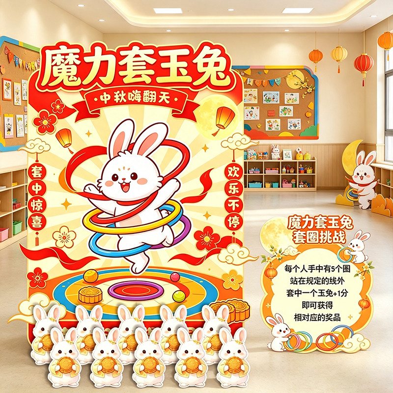 中秋节套玉兔萝卜套圈圈游戏道具幼儿园商场活动装饰背景KT板布置