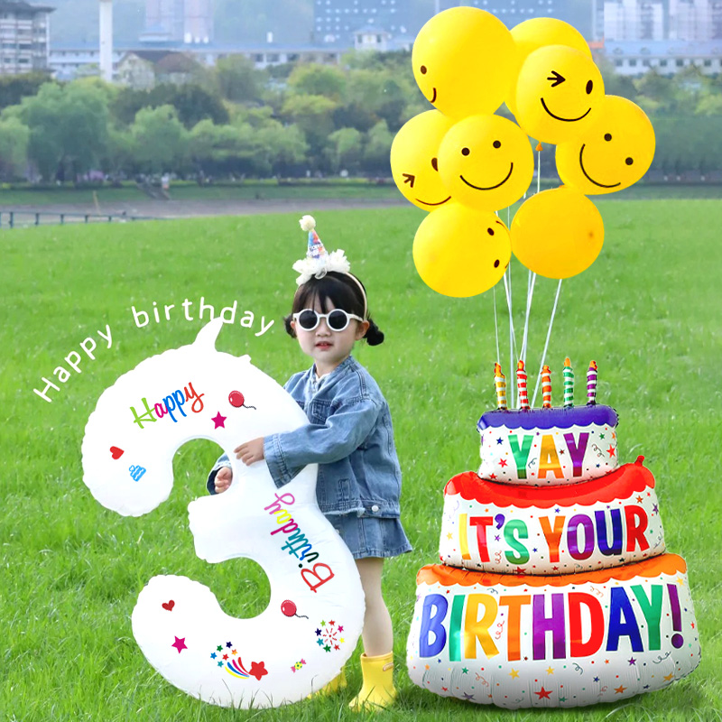 笑脸数字气球户外生日装饰场景布置儿童男女孩2周岁3派对拍照道具