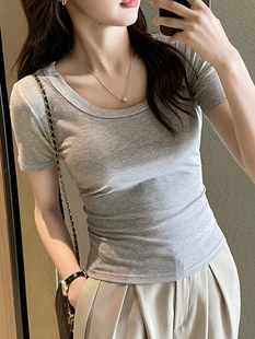 内搭打底衫 方领露锁骨紧身上衣纯棉u领体恤灰色t恤女正肩短袖 夏季