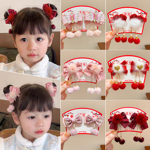 新年红色儿童流苏发夹蝴蝶结女孩过年头饰女童中国风拜年发卡发饰