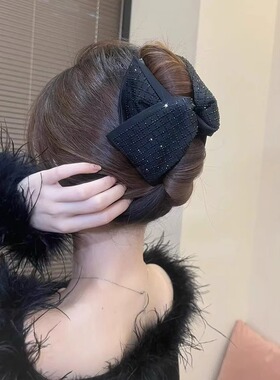 赫本风黑色满钻千鸟格抓夹女高级感秋冬新款粽子夹盘发鲨鱼夹头饰