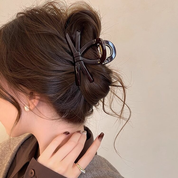 巧克力色蝴蝶结抓夹半扎发鲨鱼夹