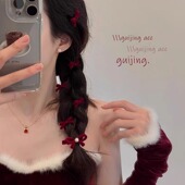 新年红色丝绒珍珠蝴蝶结刘海发夹女高级感侧马尾编发夹子圣诞头饰