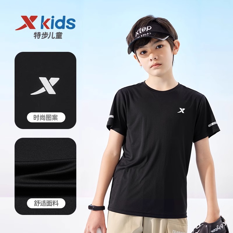 特步童装儿童短袖t恤男童速干衣夏季新款青少年黑色运动上衣夏装