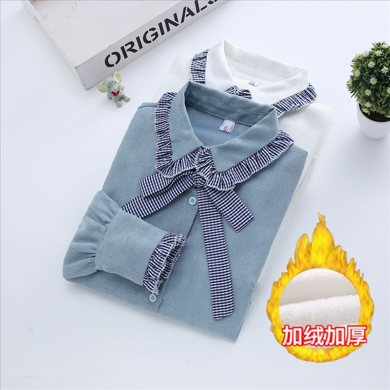 加绒衬衫女长袖冬季韩版学生打底衬衣百搭宽松加厚蝴蝶结保暖上衣