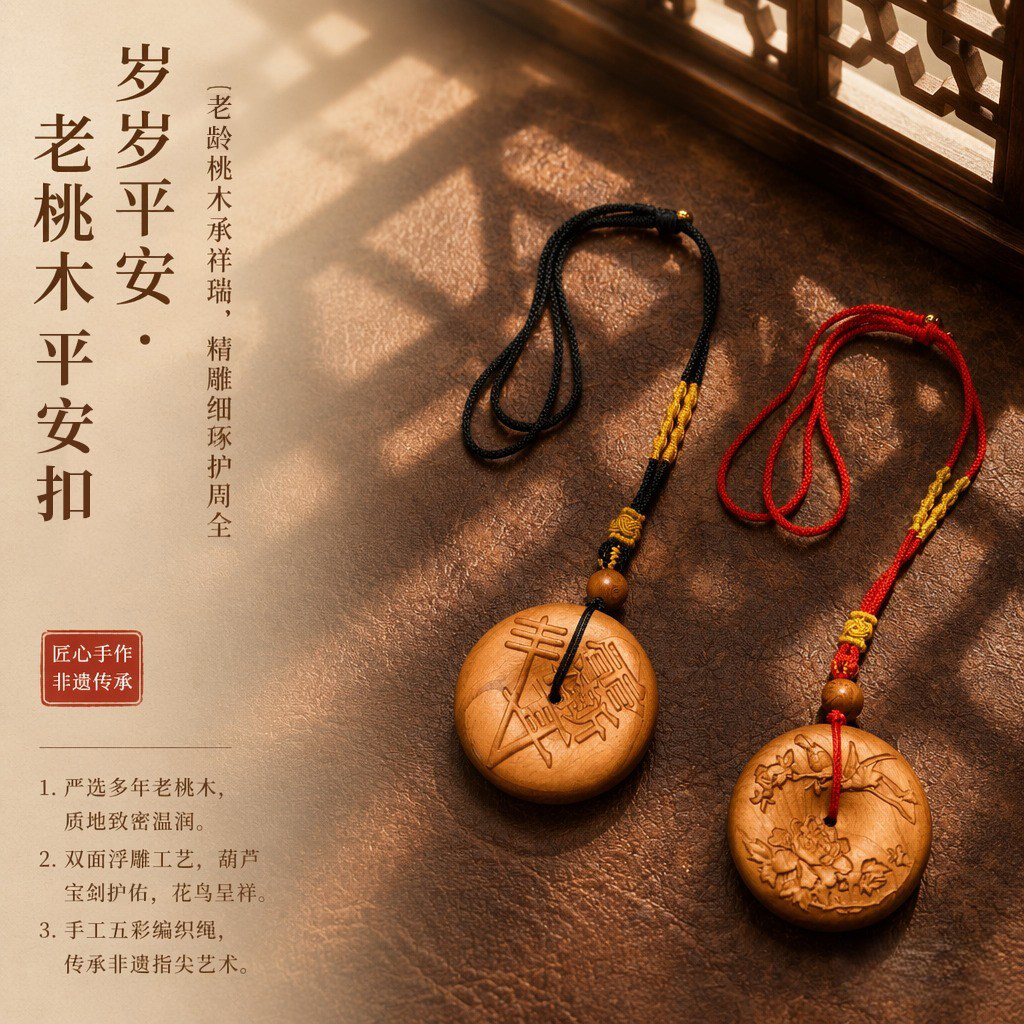 古艺匠心桃木平安扣项链图片