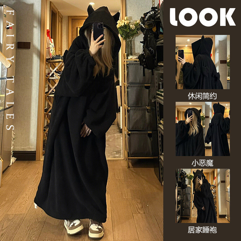 작은 악마 후드 잠옷 여성 벨벳 두꺼운 산호 벨벳 잠옷 겨울 새 여자 캐주얼 홈웨어 잠옷