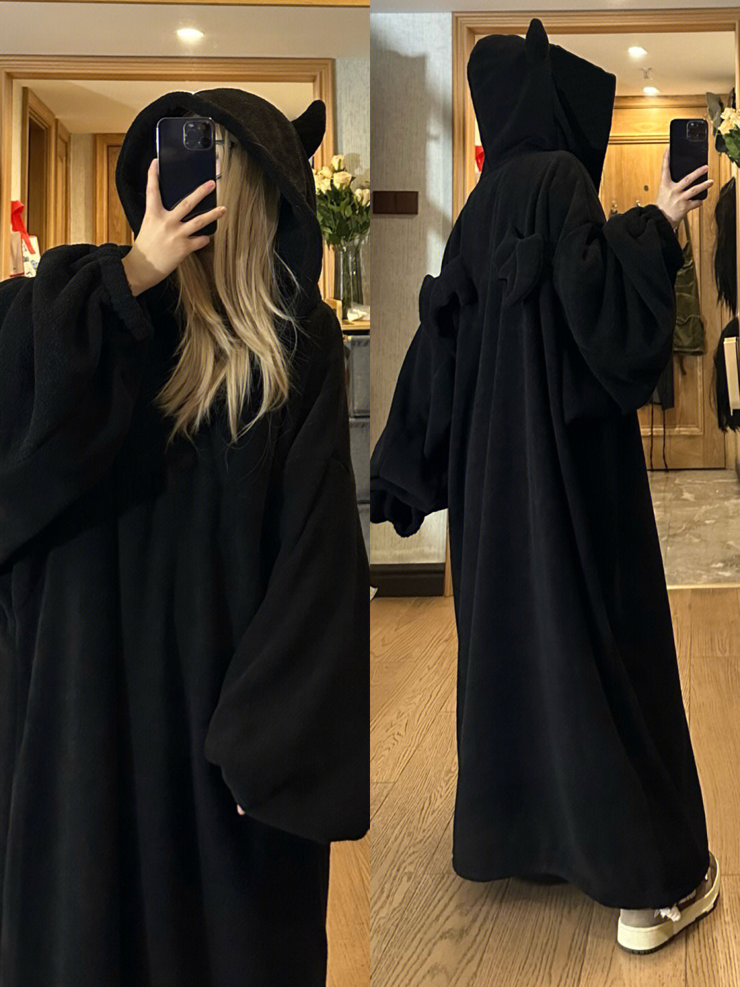 작은 악마 후드 잠옷 여성 벨벳 두꺼운 산호 벨벳 잠옷 겨울 새 여자 캐주얼 홈웨어 잠옷