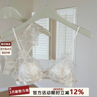 法式 刺绣蕾丝性感三角杯内衣女无钢圈细肩带纯欲风小胸文胸罩套装