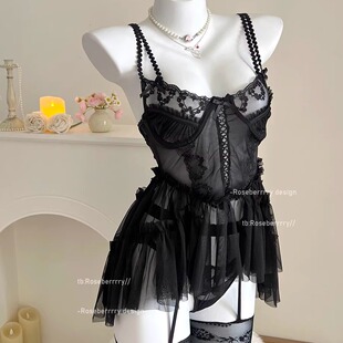 黑色性感鱼骨蕾丝吊带qq内衣女诱惑制服情侣约会战袍美背纯欲睡裙