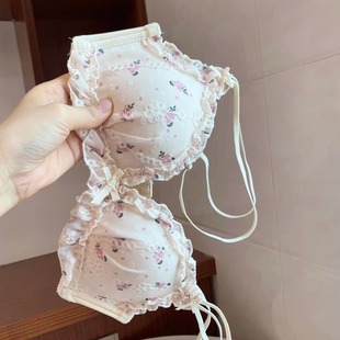 日系甜美碎花内衣女小胸聚拢无钢圈夏季 薄款 纯欲风蕾丝文胸罩套装