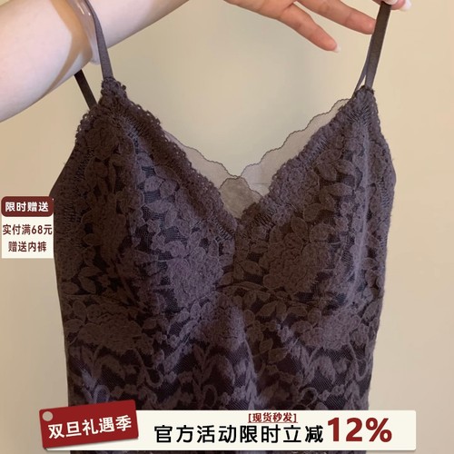 性感纯欲秋冬带胸垫蕾丝V领保暖背心女内搭外穿修身显瘦打底上衣