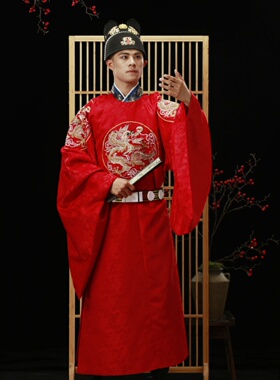 燕科明代圆领长袍男汉红色中式婚纱大胸龙图案拼接正装加码夏季