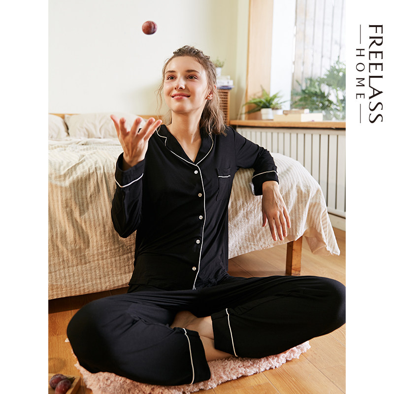 弗利少女屋黑色睡衣女夏季薄款长袖舒适透气可外穿居家套装