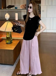 简约风黑色蕾丝拼接短袖T恤女时尚显瘦宽松花边透气休闲上衣