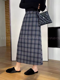 毛呢格子半身裙