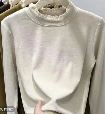 半高领蕾丝花边长袖上衣德绒保暖内搭打底衫女秋冬高级感磨毛恤