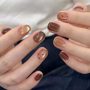 穿戴甲片短款咖色细闪波点美拉德风美甲贴片简约甜美手工指甲贴片